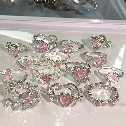 Adjustable Crystal Rings Y2K Pink Irregular Geometry Vintage Bowknot Heart Ring Set for Women Girl 2023 New Fashion Jewelry Gift