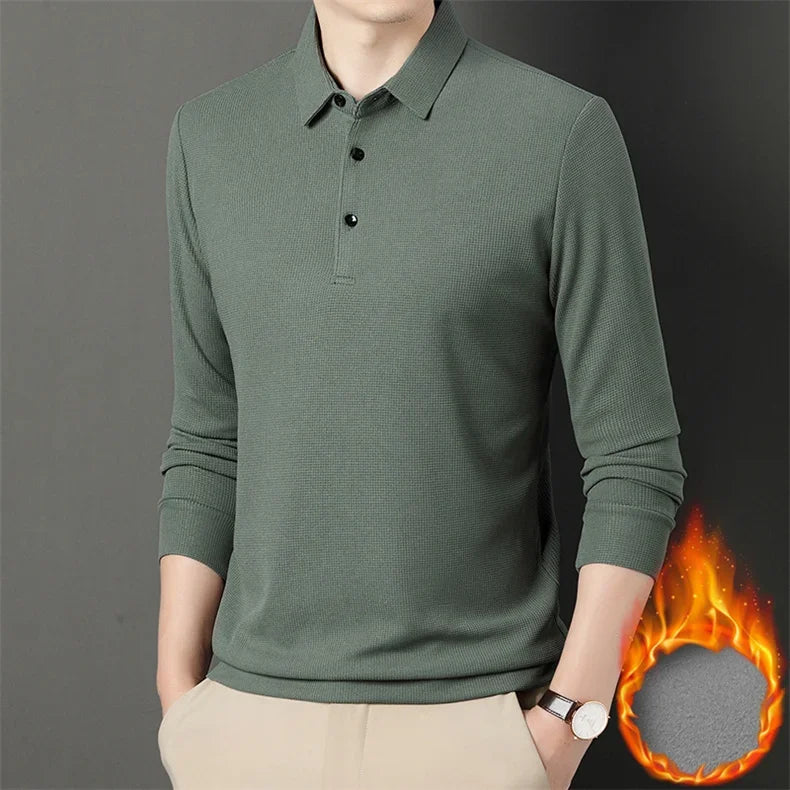 Waffle Fleece Thicken Fashion Polo Shirt Men Winter Warm Plush Business T-Shirt Tops Male Casual Button Lapel Long Sleeve Shirts