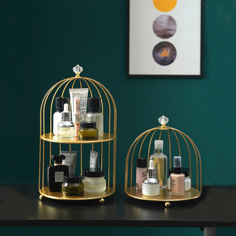 Iron Art Bird Cage Storage Rack Decorative Metal Dome Bathroom Cosmetics Organizer Bedroom Jewelry Stand Home Make Up Supplies