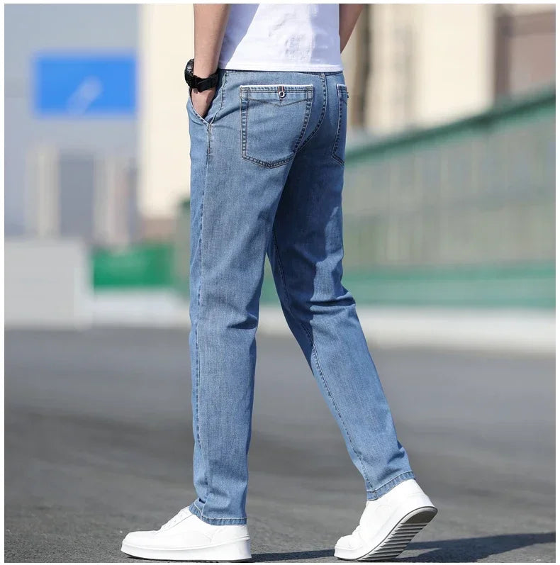 2024 Summer New Men's Loose Stretch Gray Jeans Fashion Casual Stretch Straight-leg Denim Pants Male Light Blue Brand