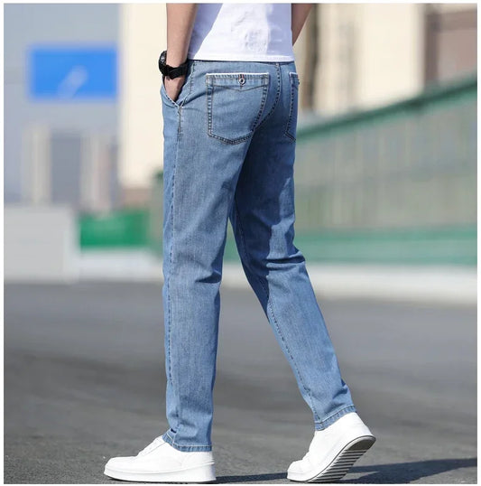 2024 Summer New Men's Loose Stretch Gray Jeans Fashion Casual Stretch Straight-leg Denim Pants Male Light Blue Brand