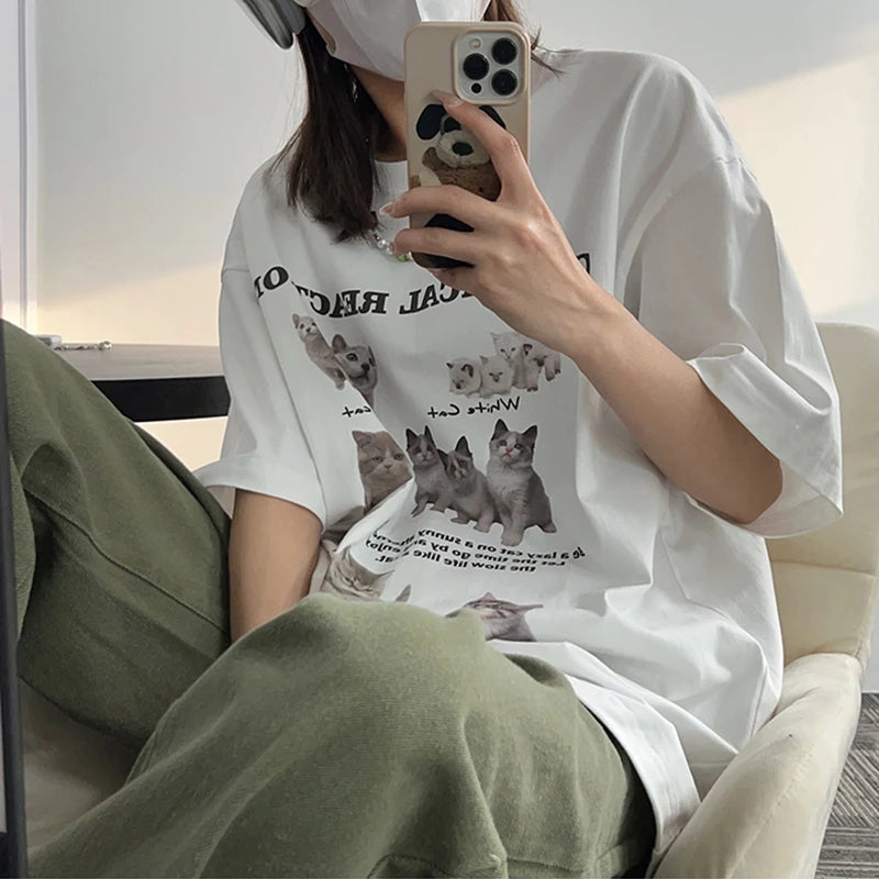 Y2k Top Women T-Shirt Oversized Kawaii Cat Cotton Summer Tees Harajuku Korean Fashion Short Sleeve Streetwear Aesthetic Clothing