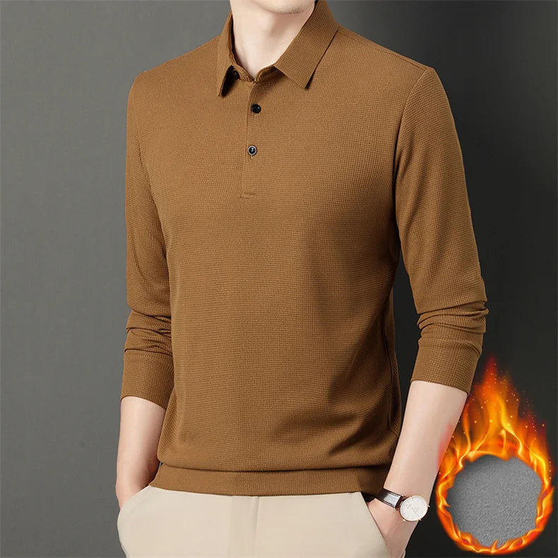 Fashion Winter Fleece Warm Men Business Wargoff Polo Shirts New Long Sleeve Button Lapel Male Clothing Thick Casual T-Shirt Tops