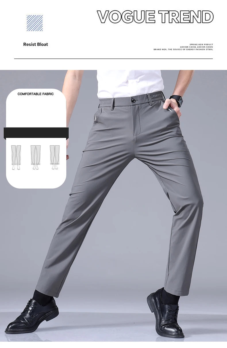 High Elastic Ultra-thin Casual Pants Men's Business Straight Slim Trousers Breathable Classic Black Gray Male Brand Pant