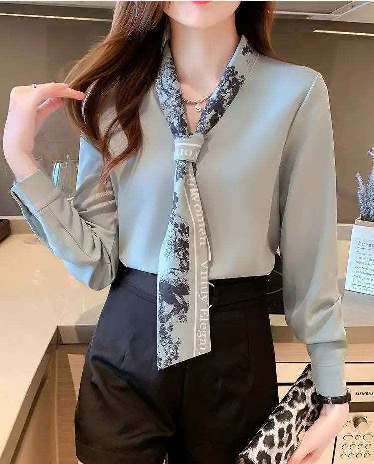 Women Clothing Office Lady Solid Color Patchwork Chiffon Scarf Collar Long Sleeve Blouse Autumn Fashion Buttons Basic Shirts