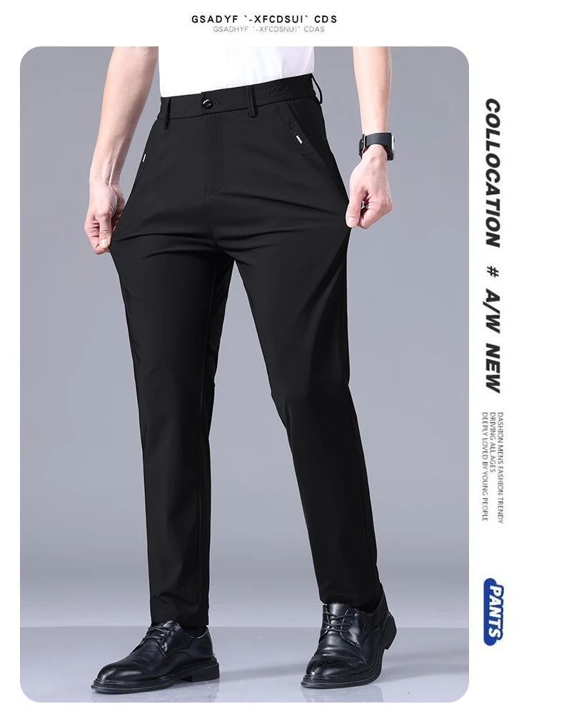 High Elastic Ultra-thin Casual Pants Men's Business Straight Slim Trousers Breathable Classic Black Gray Male Brand Pant