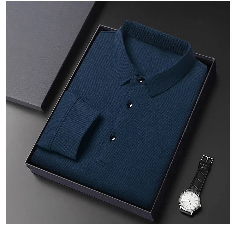 Fashion Winter Fleece Warm Men Business Wargoff Polo Shirts New Long Sleeve Button Lapel Male Clothing Thick Casual T-Shirt Tops