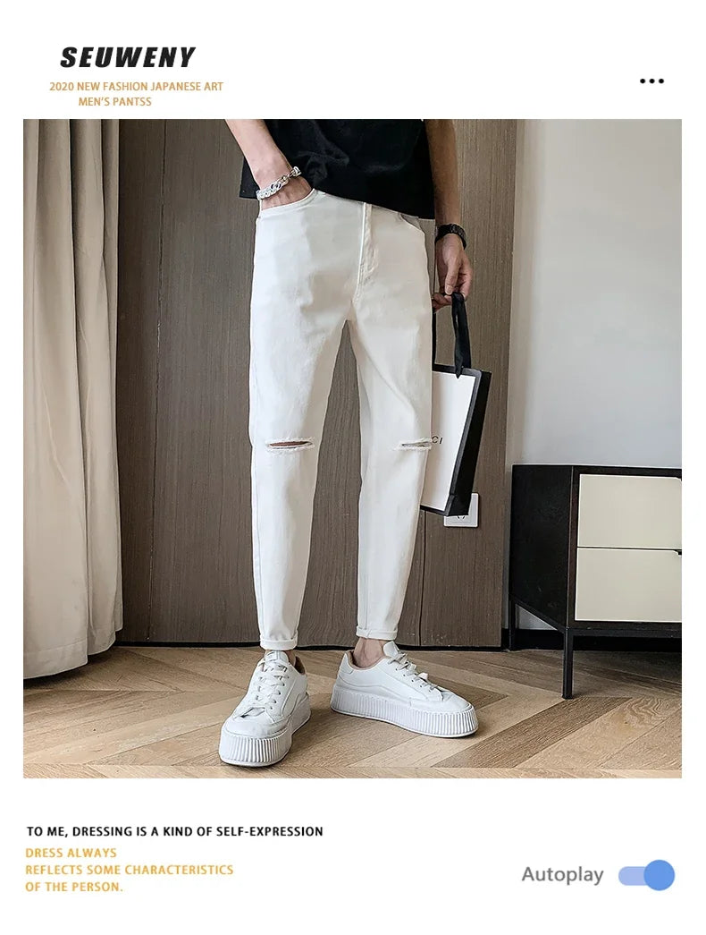 2024 Spring New Male Knee Ripped Jeans Men's Straight Slim Small Feet Denim Trousers Streetwear Stretch Casual Pants