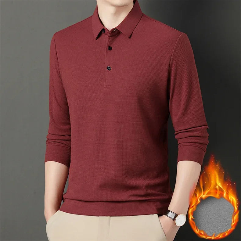 Waffle Fleece Thicken Fashion Polo Shirt Men Winter Warm Plush Business T-Shirt Tops Male Casual Button Lapel Long Sleeve Shirts