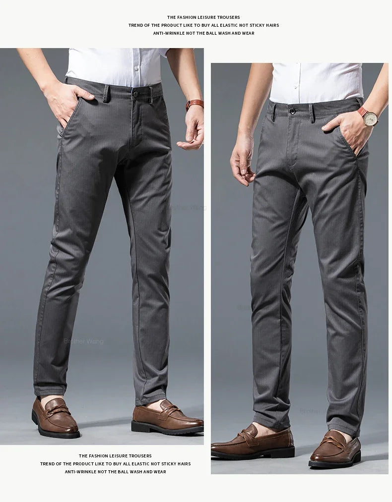 New Men's Business Straight Striped Casual Pants High Quality British Fashion Soft Elastic Trousers Black White Khaki Gray