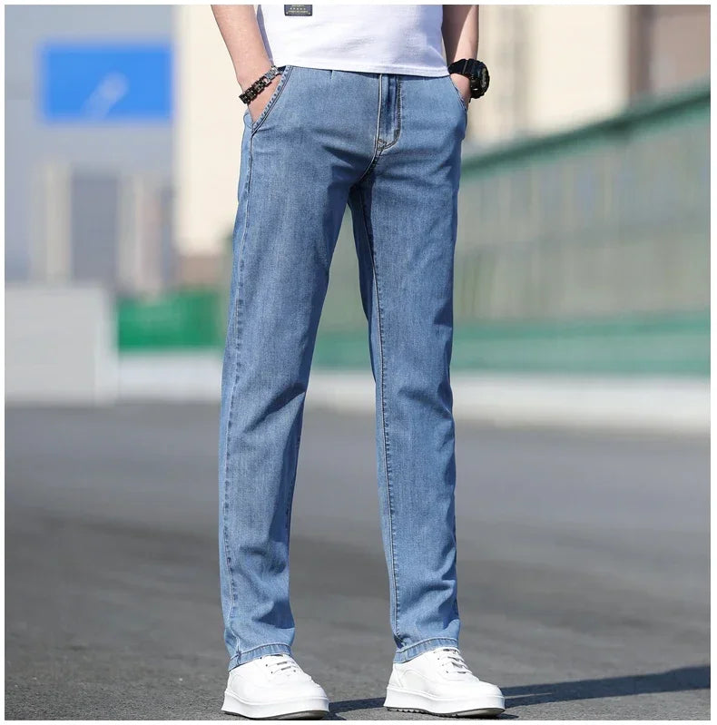 2024 Summer New Men's Loose Stretch Gray Jeans Fashion Casual Stretch Straight-leg Denim Pants Male Light Blue Brand