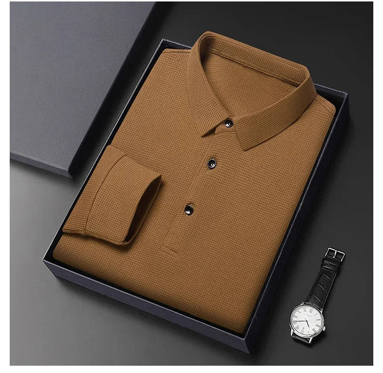 Waffle Fleece Thicken Fashion Polo Shirt Men Winter Warm Plush Business T-Shirt Tops Male Casual Button Lapel Long Sleeve Shirts