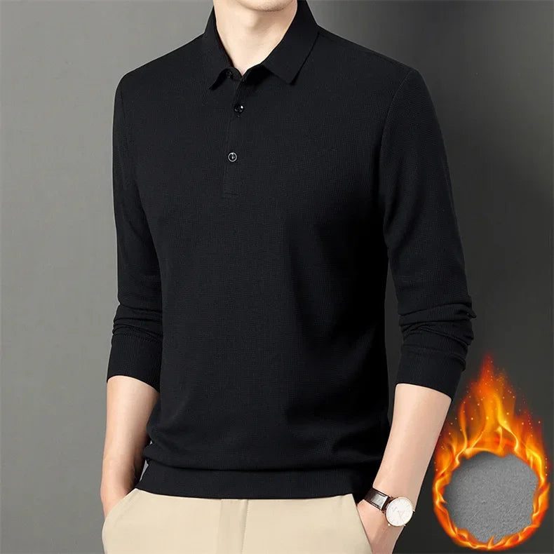 Waffle Fleece Thicken Fashion Polo Shirt Men Winter Warm Plush Business T-Shirt Tops Male Casual Button Lapel Long Sleeve Shirts