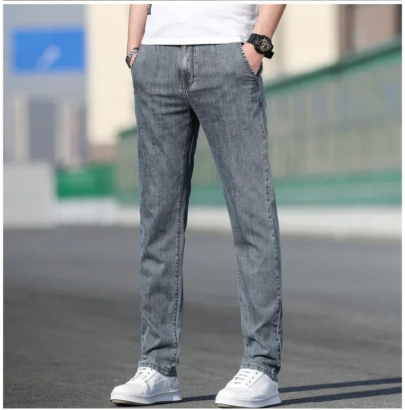 2024 Summer New Men's Loose Stretch Gray Jeans Fashion Casual Stretch Straight-leg Denim Pants Male Light Blue Brand