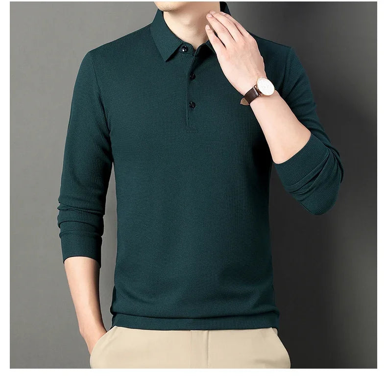 Waffle Fleece Thicken Fashion Polo Shirt Men Winter Warm Plush Business T-Shirt Tops Male Casual Button Lapel Long Sleeve Shirts