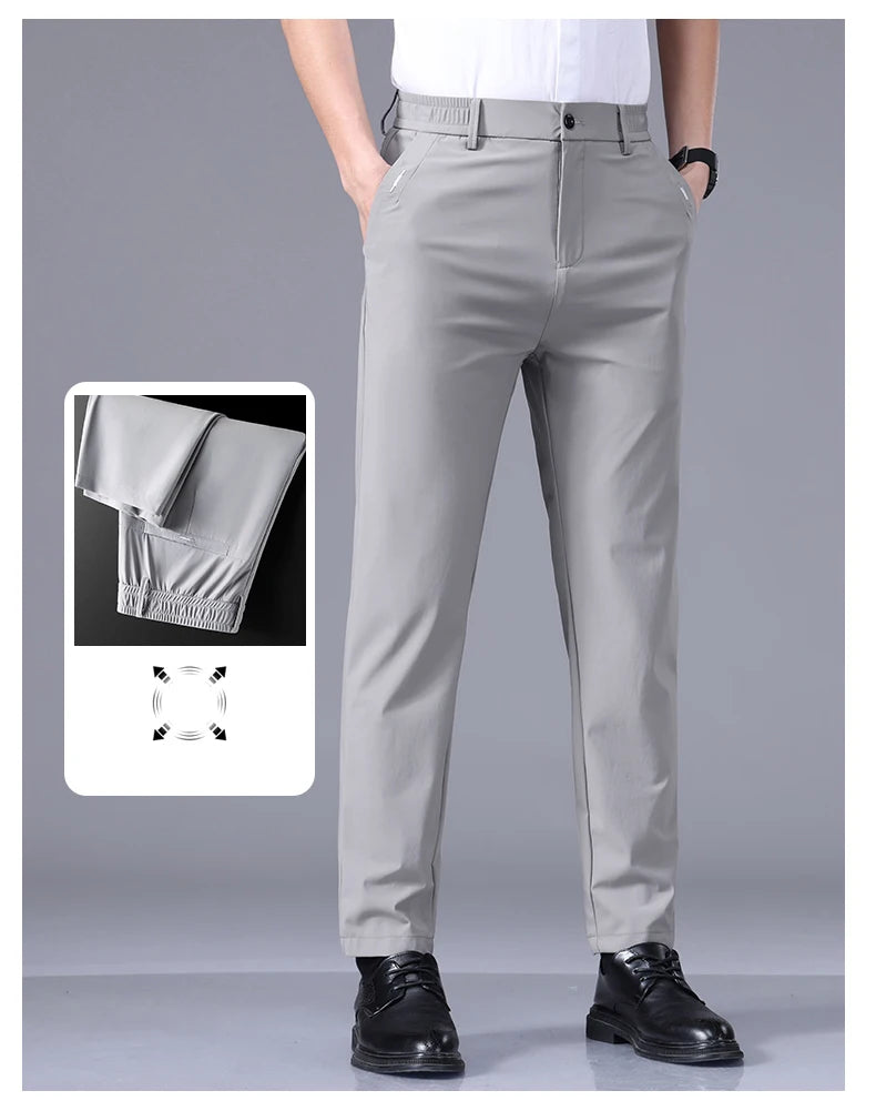 High Elastic Ultra-thin Casual Pants Men's Business Straight Slim Trousers Breathable Classic Black Gray Male Brand Pant