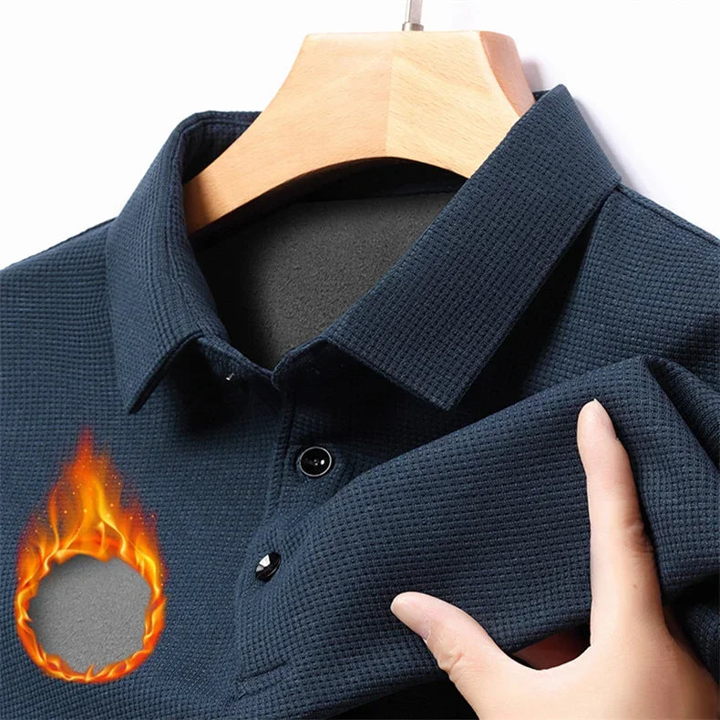 Waffle Fleece Thicken Fashion Polo Shirt Men Winter Warm Plush Business T-Shirt Tops Male Casual Button Lapel Long Sleeve Shirts