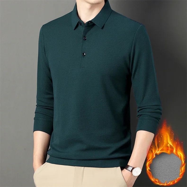 Waffle Fleece Thicken Fashion Polo Shirt Men Winter Warm Plush Business T-Shirt Tops Male Casual Button Lapel Long Sleeve Shirts