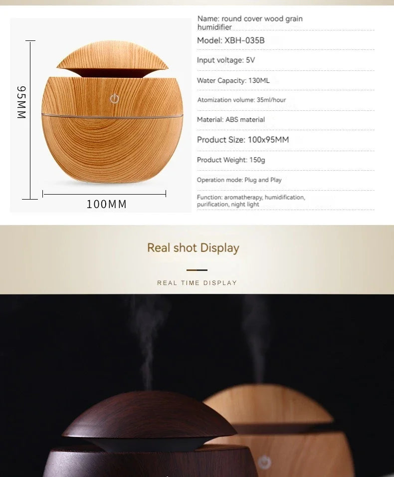 130ML Wooden Ultrasonic Electric Air Humidifier Home Aromatherapy Machine Essential Oil Aromatherapy Cold Mist