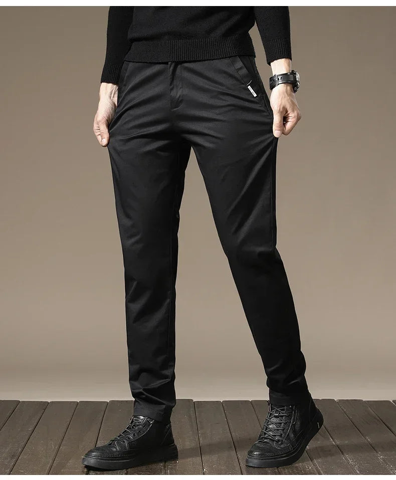 Autumn New Pure Cotton Casual Pants for Men Black Khaki Gray Business Slim Straight Elastic Fashion Casual Long Pants Male