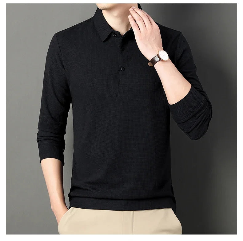 Waffle Fleece Thicken Fashion Polo Shirt Men Winter Warm Plush Business T-Shirt Tops Male Casual Button Lapel Long Sleeve Shirts