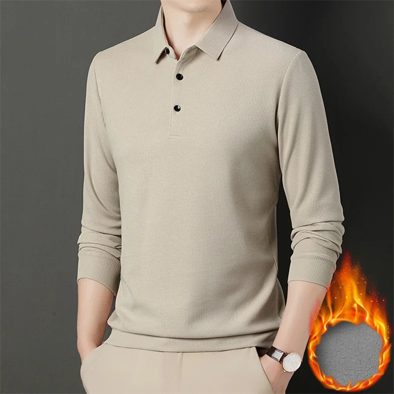 Fashion Winter Fleece Warm Men Business Wargoff Polo Shirts New Long Sleeve Button Lapel Male Clothing Thick Casual T-Shirt Tops