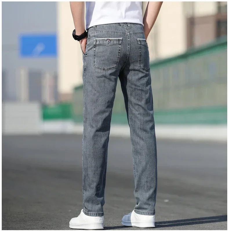 2024 Summer New Men's Loose Stretch Gray Jeans Fashion Casual Stretch Straight-leg Denim Pants Male Light Blue Brand