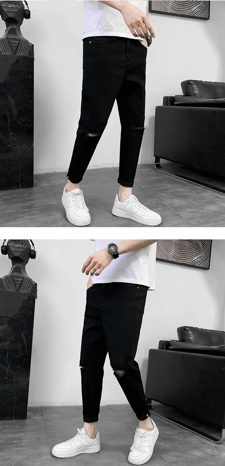 2024 Spring New Male Knee Ripped Jeans Men's Straight Slim Small Feet Denim Trousers Streetwear Stretch Casual Pants