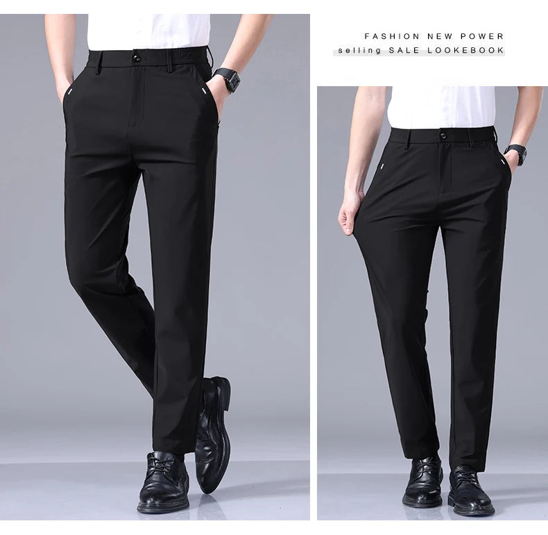 High Elastic Ultra-thin Casual Pants Men's Business Straight Slim Trousers Breathable Classic Black Gray Male Brand Pant