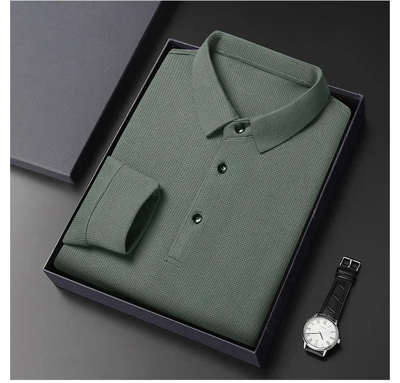 Waffle Fleece Thicken Fashion Polo Shirt Men Winter Warm Plush Business T-Shirt Tops Male Casual Button Lapel Long Sleeve Shirts