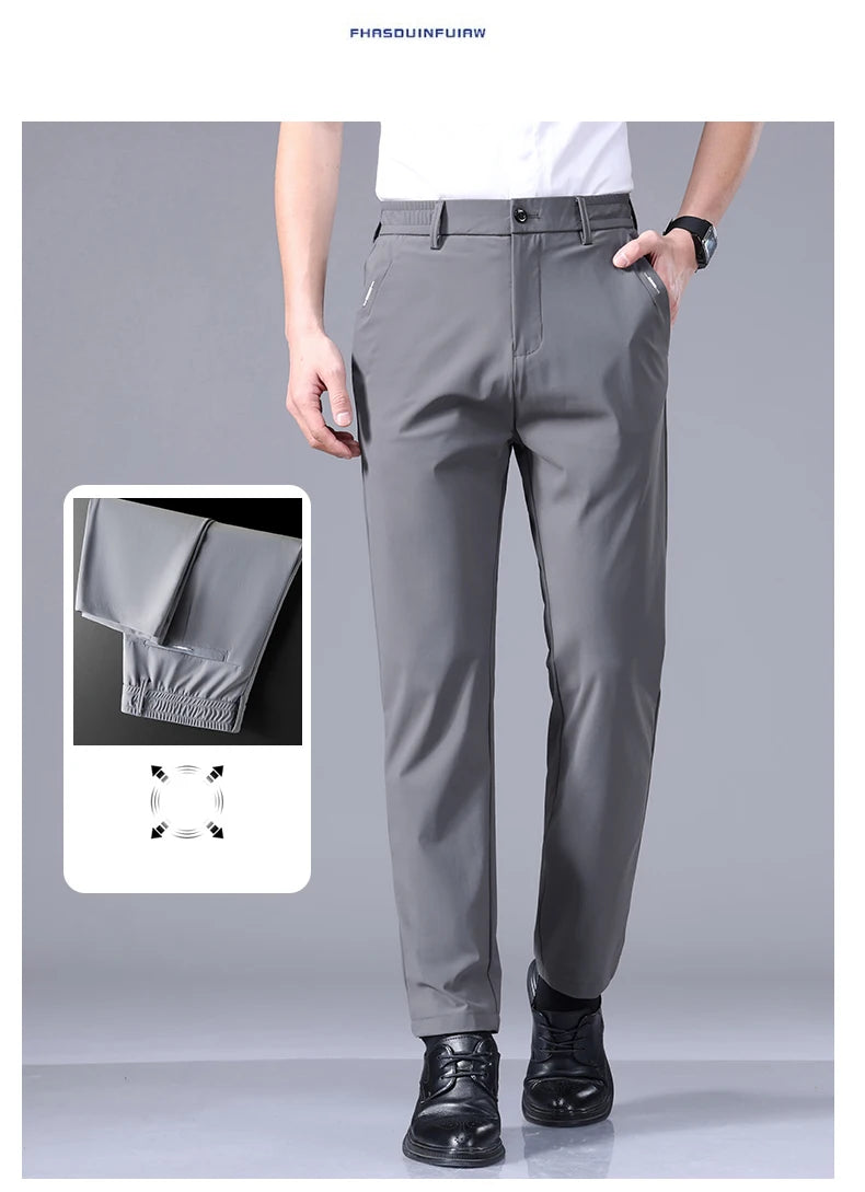 High Elastic Ultra-thin Casual Pants Men's Business Straight Slim Trousers Breathable Classic Black Gray Male Brand Pant