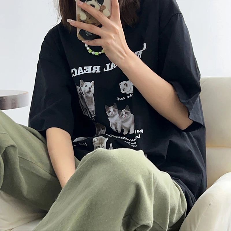 Y2k Top Women T-Shirt Oversized Kawaii Cat Cotton Summer Tees Harajuku Korean Fashion Short Sleeve Streetwear Aesthetic Clothing