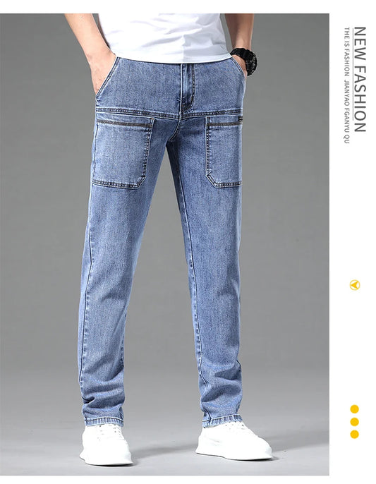 2024 New 6 Pocket Design Men's Denim Jeans Skinny Full Length Pants with High Elasticity Slim Pants Man Fashion Mid-waist Jeans