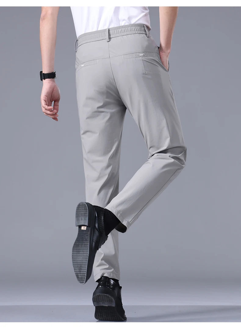 High Elastic Ultra-thin Casual Pants Men's Business Straight Slim Trousers Breathable Classic Black Gray Male Brand Pant