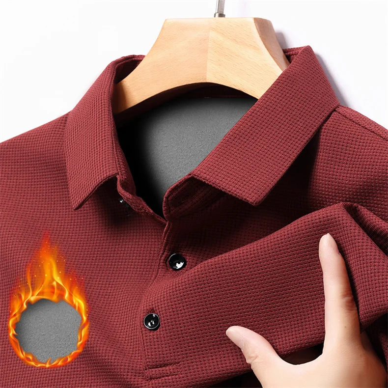 Fashion Winter Fleece Warm Men Business Wargoff Polo Shirts New Long Sleeve Button Lapel Male Clothing Thick Casual T-Shirt Tops