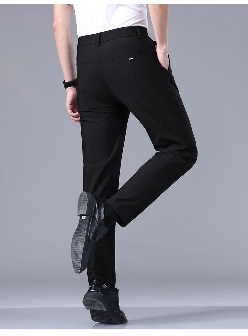 High Elastic Ultra-thin Casual Pants Men's Business Straight Slim Trousers Breathable Classic Black Gray Male Brand Pant