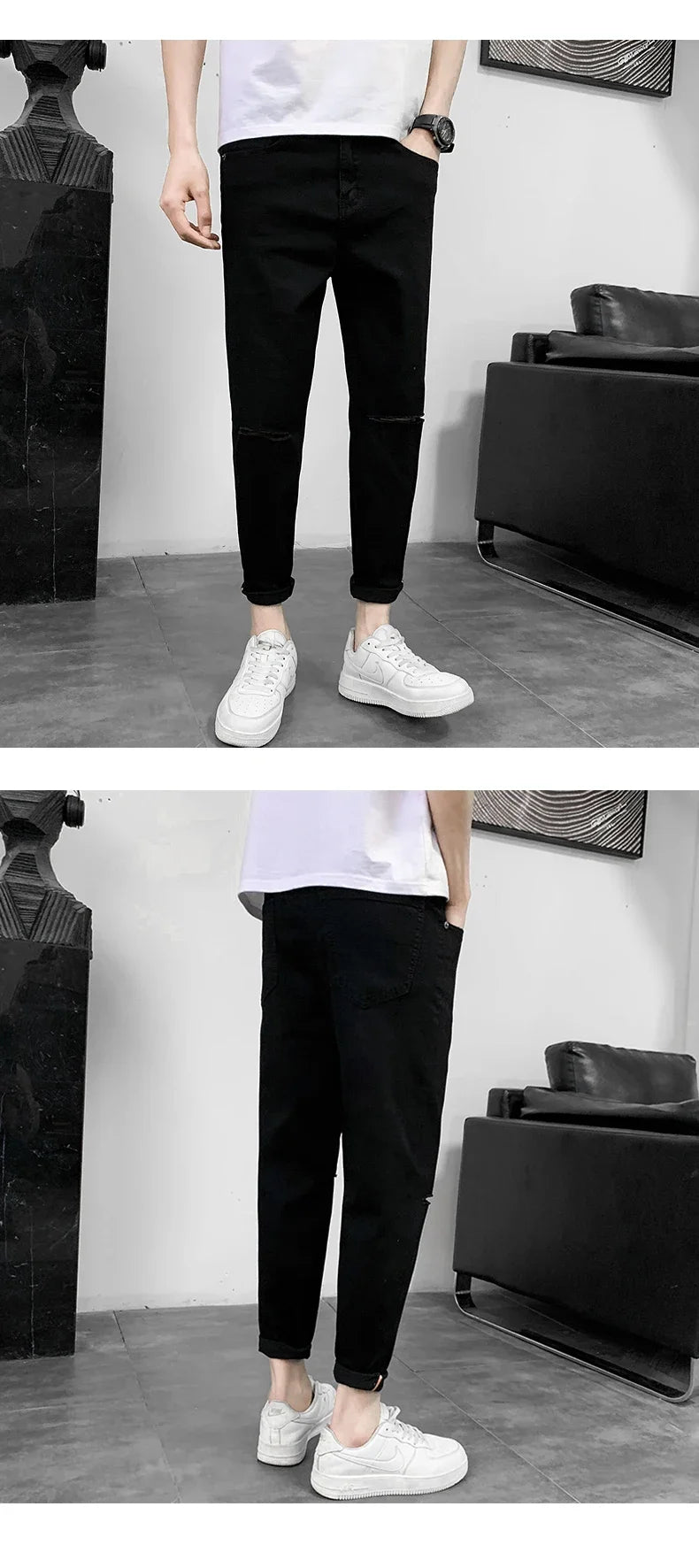 2024 Spring New Male Knee Ripped Jeans Men's Straight Slim Small Feet Denim Trousers Streetwear Stretch Casual Pants