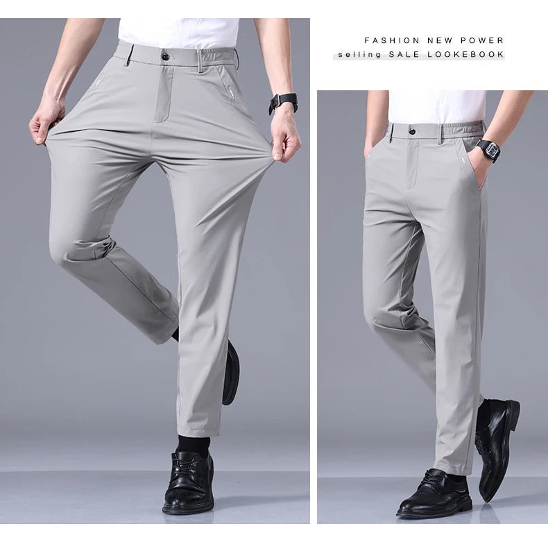 High Elastic Ultra-thin Casual Pants Men's Business Straight Slim Trousers Breathable Classic Black Gray Male Brand Pant