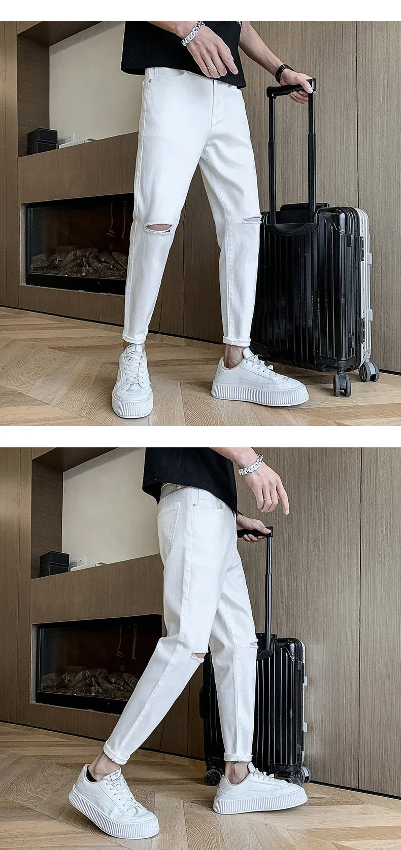 2024 Spring New Male Knee Ripped Jeans Men's Straight Slim Small Feet Denim Trousers Streetwear Stretch Casual Pants