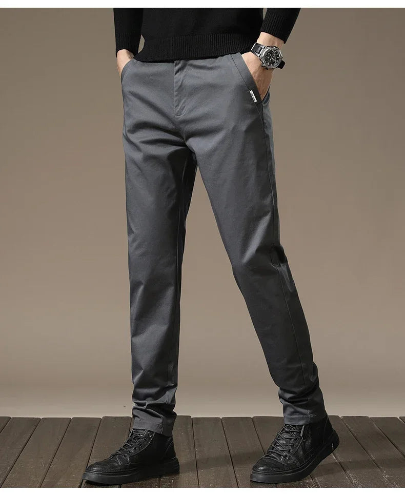 Autumn New Pure Cotton Casual Pants for Men Black Khaki Gray Business Slim Straight Elastic Fashion Casual Long Pants Male