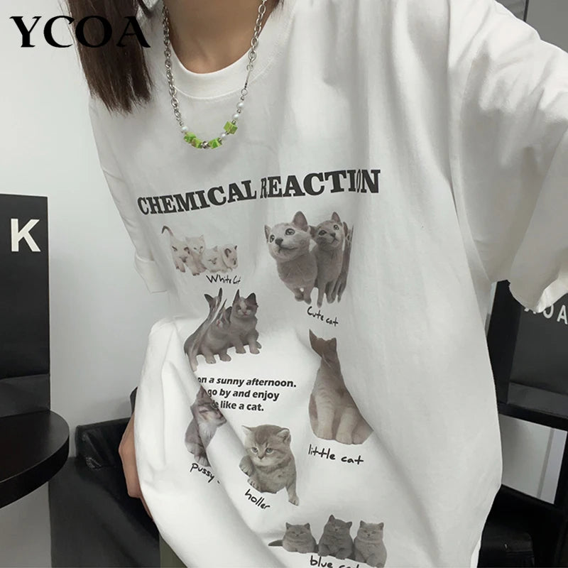 Y2k Top Women T-Shirt Oversized Kawaii Cat Cotton Summer Tees Harajuku Korean Fashion Short Sleeve Streetwear Aesthetic Clothing