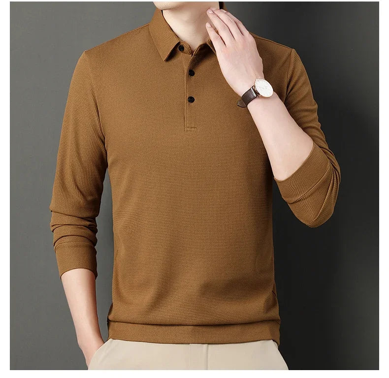 Waffle Fleece Thicken Fashion Polo Shirt Men Winter Warm Plush Business T-Shirt Tops Male Casual Button Lapel Long Sleeve Shirts