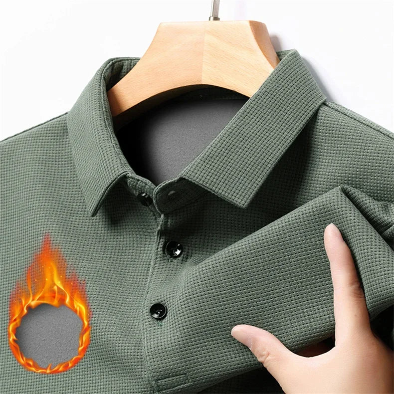 Waffle Fleece Thicken Fashion Polo Shirt Men Winter Warm Plush Business T-Shirt Tops Male Casual Button Lapel Long Sleeve Shirts