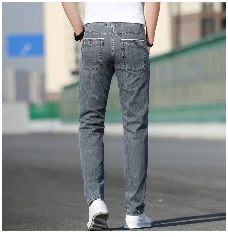 2024 Summer New Men's Loose Stretch Gray Jeans Fashion Casual Stretch Straight-leg Denim Pants Male Light Blue Brand