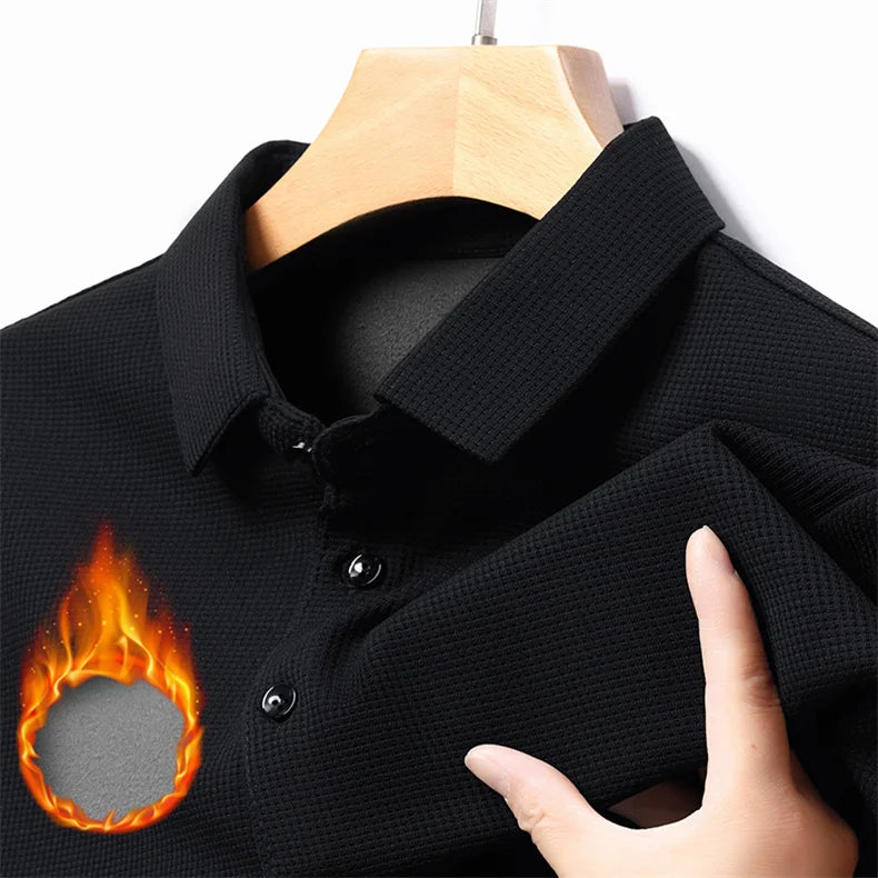 Fashion Winter Fleece Warm Men Business Wargoff Polo Shirts New Long Sleeve Button Lapel Male Clothing Thick Casual T-Shirt Tops