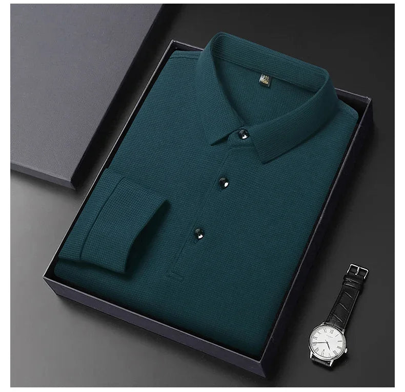 Waffle Fleece Thicken Fashion Polo Shirt Men Winter Warm Plush Business T-Shirt Tops Male Casual Button Lapel Long Sleeve Shirts