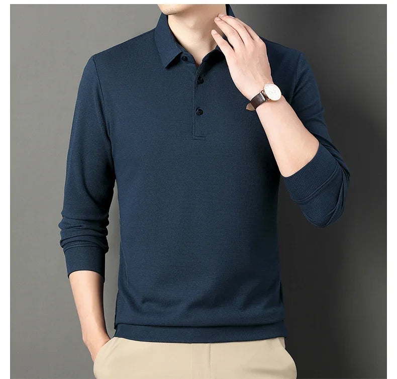 Waffle Fleece Thicken Fashion Polo Shirt Men Winter Warm Plush Business T-Shirt Tops Male Casual Button Lapel Long Sleeve Shirts