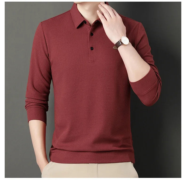 Waffle Fleece Thicken Fashion Polo Shirt Men Winter Warm Plush Business T-Shirt Tops Male Casual Button Lapel Long Sleeve Shirts