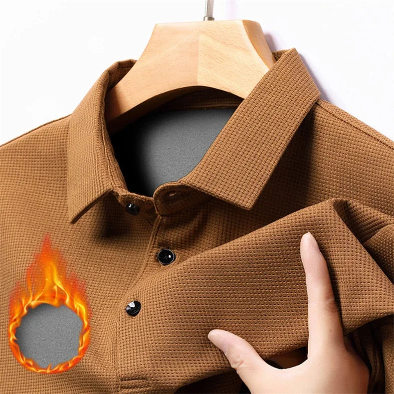 Waffle Fleece Thicken Fashion Polo Shirt Men Winter Warm Plush Business T-Shirt Tops Male Casual Button Lapel Long Sleeve Shirts