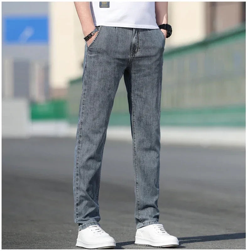 2024 Summer New Men's Loose Stretch Gray Jeans Fashion Casual Stretch Straight-leg Denim Pants Male Light Blue Brand